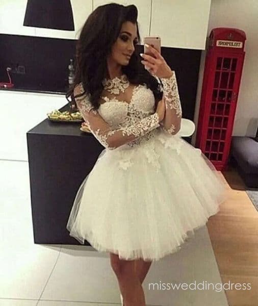 Simple Short Mini White Wedding Dresses Jewel Neck Tulle Illusion Long Sleeves Lace Appliques Puffy Plus Size Formal Bridal Gowns 403