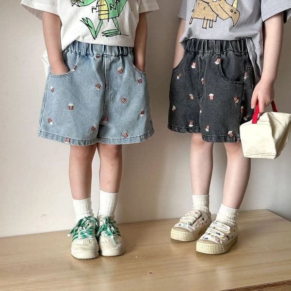 2026 Summer Kids Denim Shorts for 80-150cm Boys Girls Popcorn Embroidery Elastic Waist Casual Knee Length Teenage Children Pants 260305