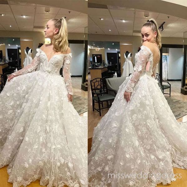 Gorgeous Wedding Dresses Bridal Gown 3D Floral Lace Applique A Line Long Sleeves Jewel Neckline Floor Length Plus Size Custom Made Vestido De Novia 403