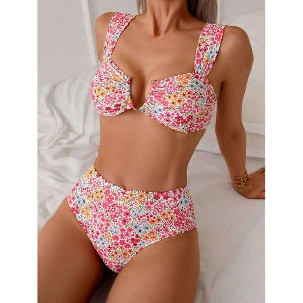 Swim Mod Spring Break Women Summer New Random Printed Multi-Color V-Neck Adjustable Strap Sweet Ditsy Floral Pattern Bikini Set