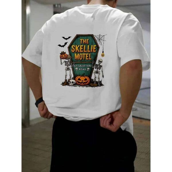 Men's White T-Shirt The Skellie Motel Halloween Skeleton Pumpkin Print High Quality Cotton 180g T260312