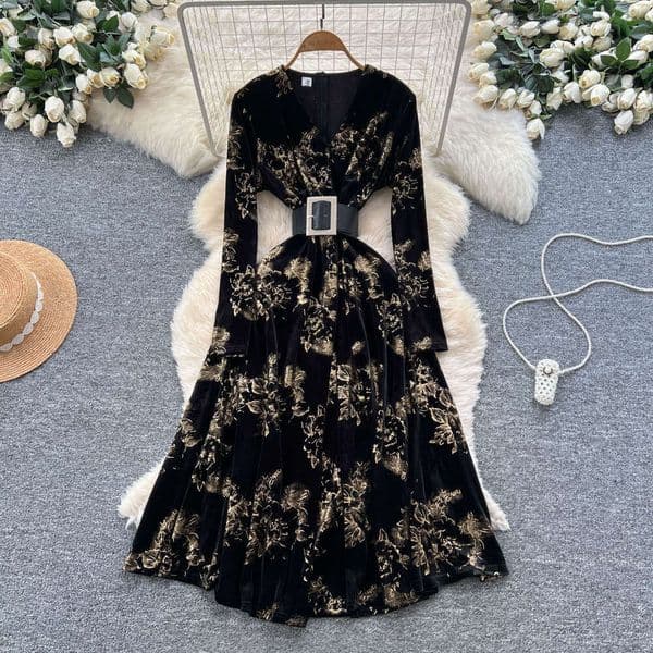 Designer high-end elegant women's dress 2026 autumn/winter French new fashion lace up velvet print thumbnail 2