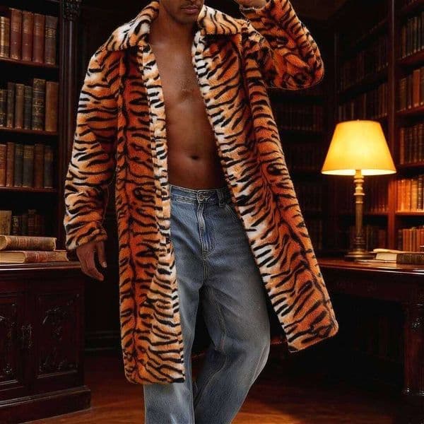 Men Tiger Stripe Coat Faux Fur Jacket Color Blocked Turn Down Collar Long Sleeve Single Breasted Loose Casual 2025 Autumn Winter Z260313
