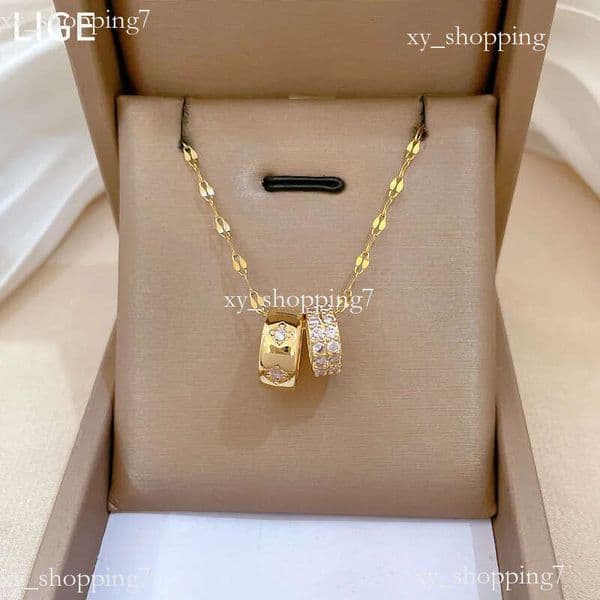 Brand Designer Jewelry Steel Double Ring Small Waist Fashion Light Luxury Elegant Gorgeous Full Diamond Necklace For Women Versatile Collarb