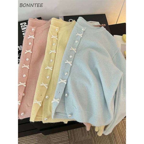 Sweet Knitted Cardigans Women Bow Design Gentle Casual Pearl Button Outwear Autumn Winter Japanese Style Aesthetic Soft Girls Z260313