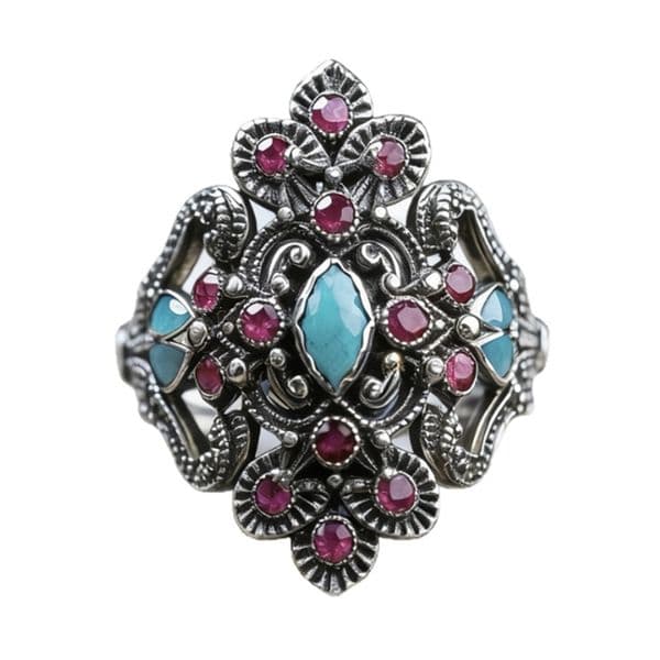 Floral design Diamond and Turquoise Ring Alloy Court Style Vintage Ring Colored rose pink Diamond Ladies Ring Vintage Emerald Ring