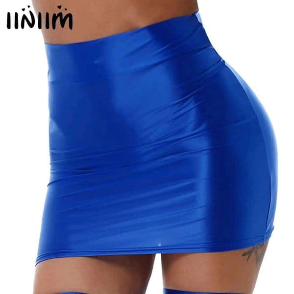 Womens Glossy Stretch Oil Solid Color Pencil Skirt Casual High Waist Elastic Waistband Short Miniskirt Rave Party Clubwear Z260313