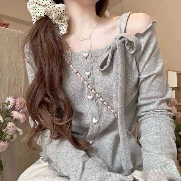 Fashion Sweet Off Shoulder Bow Lace Up Sweaters 2025 New Slim Fit Pink Tops Women Y2k Grunge Long Sleeve Cardigan Mujer Z260313