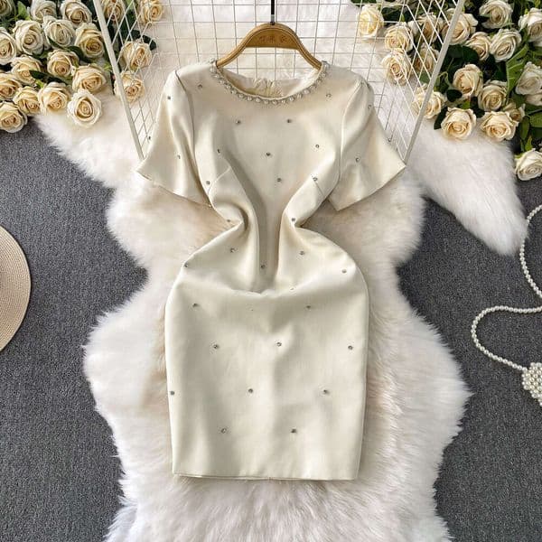 Luxury cross-border social heavy bead diamond accessories a16 round neck women's summer dress with high-end texture