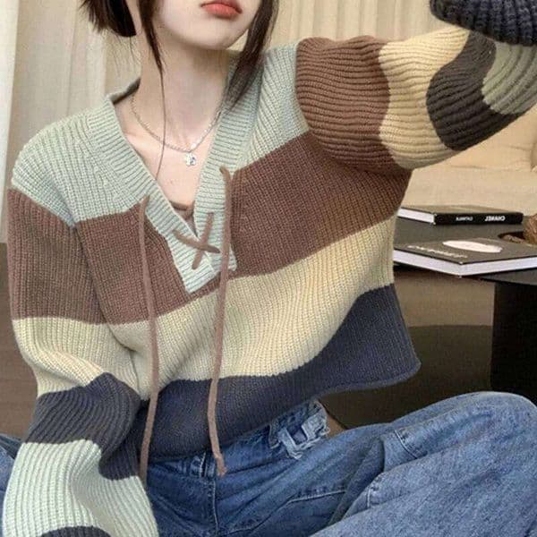 Biyaby Preppy Style V-Neck Sweater for Women Lace-Up Long Sleeve Knitted Pullover Loose Fit Autumn Wear 2025 Ladies Fashion Z260314