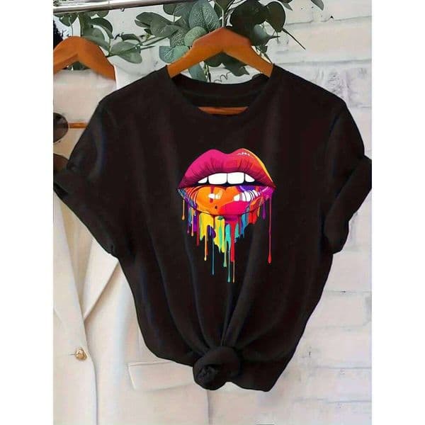Women'S T-Shirt with Vibrant Lips and Paint Drips Harajuku Sleeve Casual T-shirt Clothing Street Tops Tees Aesthetic Clothes Z260313