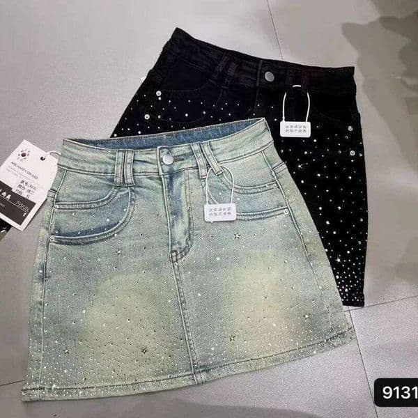 Starry Hot Rhinestone for Women 2026 Summer New Retro Slimming A-Line Sheath Denim Skirt Black Y2k Faldas Z260314