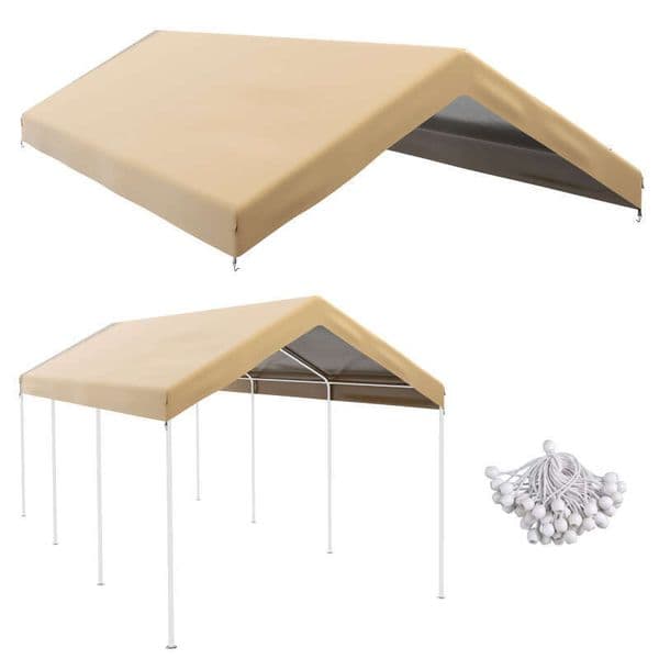 Outsunny 10' x 20' Carport Replacement Top Canopy Cover, Waterproof and UV Protected Garage Car Port with Ball Bungee Cords, Beige Only Cover