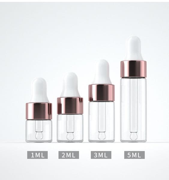 1ml 2ml 3ml 5ml Clear Mini Glass Perfume Dropper Bottles Small with Glass Eye Rose Gold Dropper for Essential Oils Sample Traveling Cosmetic Refill Packaging Bottles