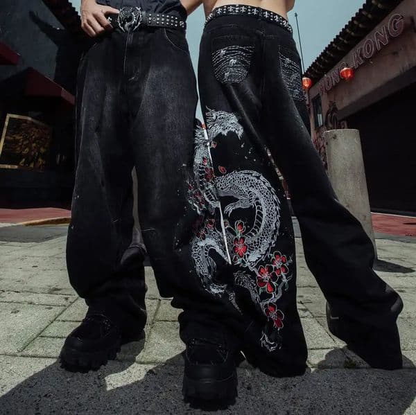 Dragon Pattern Jeans American High Htreet Vintage Gothic Mens Straight Pants Harajuku Korean Y2K Graffiti Wide Pants 260311BJ