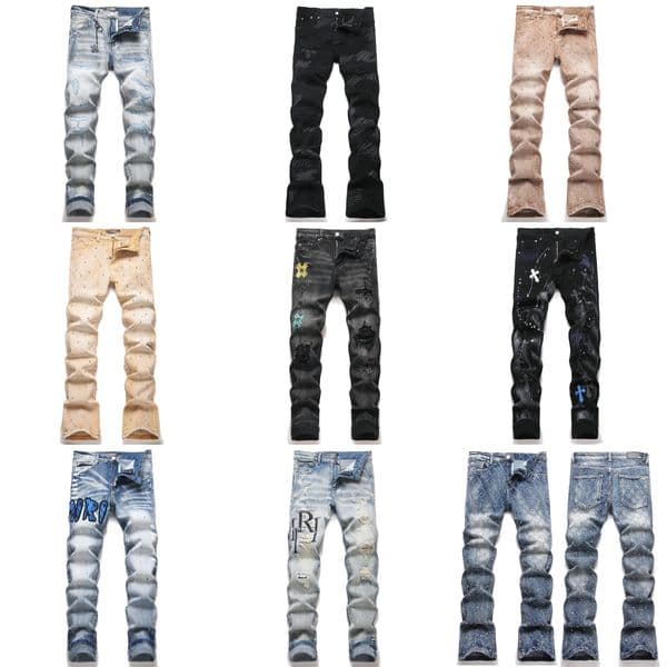 amirijenas amirirjeansly jeans Men's Designer Jeans Embroidery Hip Hop Joker Denim Pants Men Broken Hole Patch Elastic Slim Feet Pencil Trousers tops