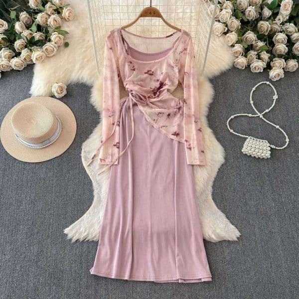Light colored mature style drawstring irregular mesh print off shoulder T-shirt retro solid color camisole skirt two-piece set thumbnail 2