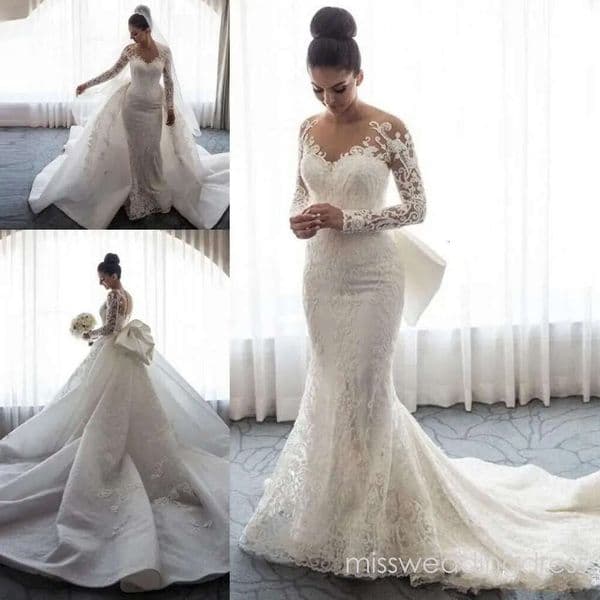 Mermaid Wedding Dresses Sheer Neck Long Sleeves Illusion Full Lace Applique Bow Overskirts Button Back Chapel Train Bridal Gowns
