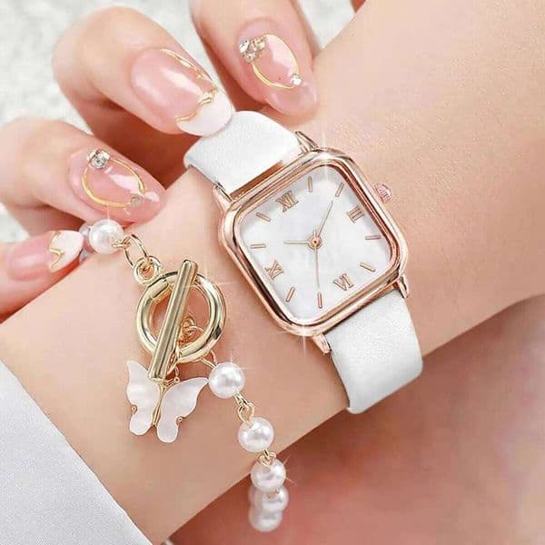 2PCS/Set Fashion Square Women Watches Casual Leather Strap Quartz Wristwatch Pearls Butterfly Bracelet Set Reloj Mujer Z260314