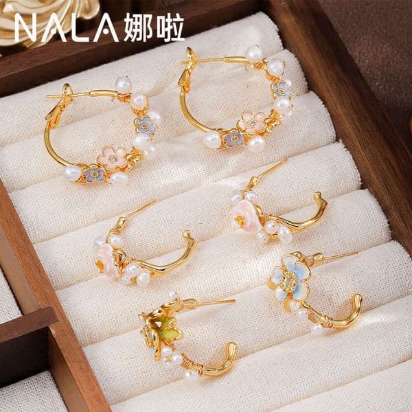 Painted Nala Glazed S925 Silver Needle Light Luxury High-End Flower Pearl Exquisite Hoop Earrings For Women High-Quality