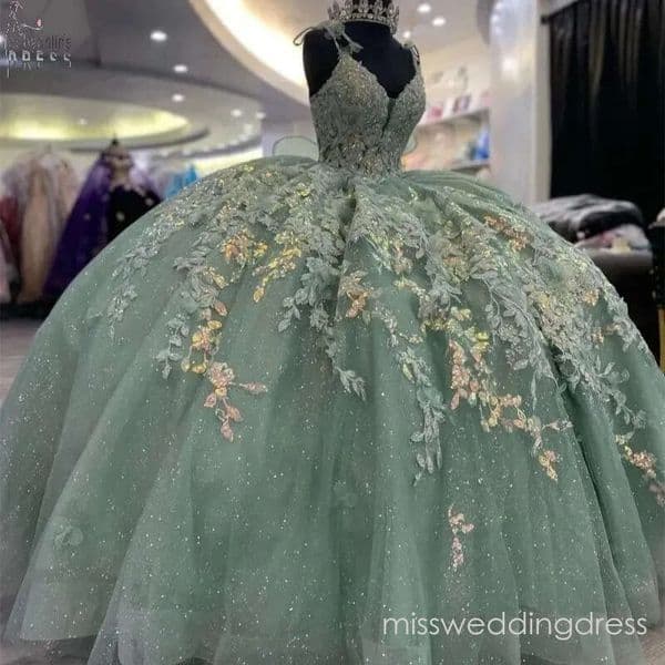 Green Shiny Quinceanera Dresses Ball Gown Off The Shoulder Applique Lace Beading Bow Tull Party Birthday Sweet 16 Dress vestidos 15 Anos 4F06