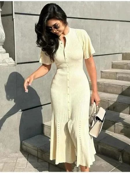 Women Elegant Knitted Long Dress Casual O Neck Solid Short Sleeved Button High Waist Split Dresses Female Fashion Gown 260310