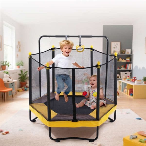 54 Inch Kids with Enclosure, Indoor & Outdoor Toddler Trampoline With Adjustable Gymnastics Bar Ring ,Basketball Hoop , Boxing Bag and Ocean Ball ,Toys for Age 1-8 years