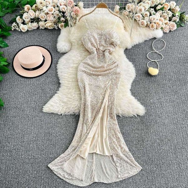 2026 Women's Evening Dress Elegant and Exquisite Strapless with Ruffles, Slim a16 Fit, Fork and Sparkling Glitter