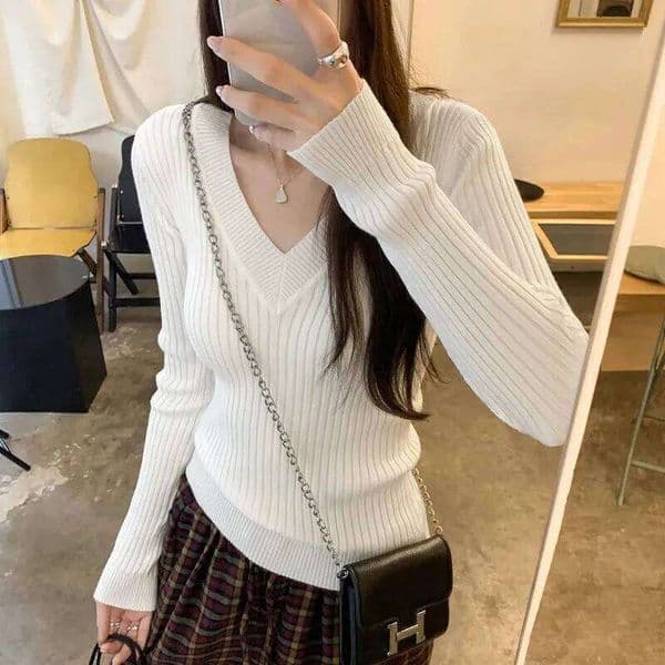 Chic V Neck Knit Sweater Women Korean Solid Simple Office Lady Long Sleeve Pullovers All Match Slim Fit Gentle Bottoming Jumpers Z260313