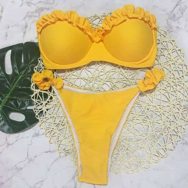 Ruffle Trim Bandeau Bikini Set Push Up Bra Mid-rise Briefs Women's Summer Swimsuit with Split for Female J260312