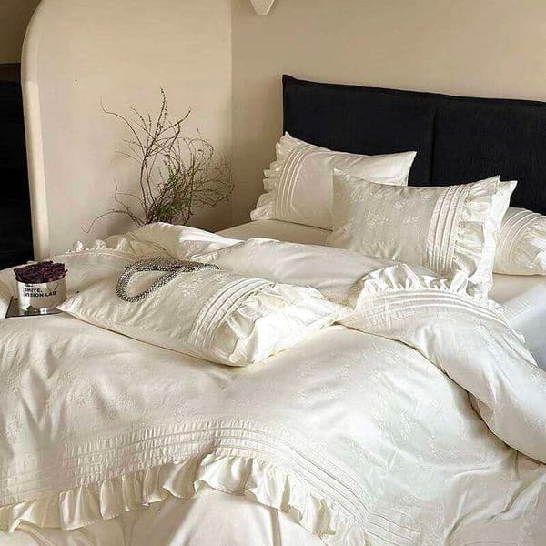 4Pcs Vintage Rose Jacquard Egyptian Cotton Ruffles Bedding Set Queen King Size Duvet Cover Bed Sheet/Fitted Sheet Pillowcases H260312