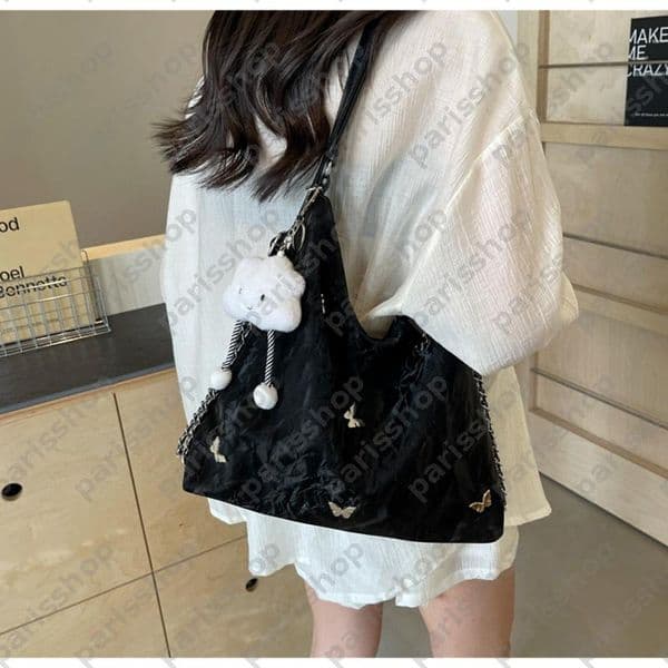Womens Butterfly Embellished Shoulder Bag Soft Fabric Handbag with Cute Cloud Charm Adjustable Strap Crossbody Tote Bag for Daily Casual Outing DSD2603134