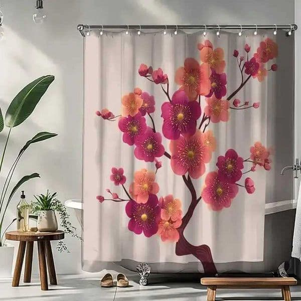 VIKAMA Spring Blossom Cherry Blossom Print Waterproof Shower Curtain Nordic Inspired Bathroom Water Resistant Curtain S260312