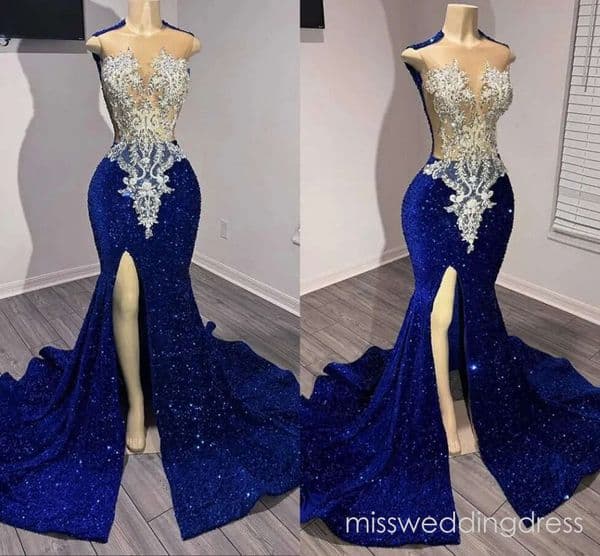 Sparkly Sequined Royal Blue Prom Dresses Lace Appliqued Sexy Side Slit Sheer O-Neck Special Occasion Gowns Mermaid Sweep Train Plus Size Formal Wear J06