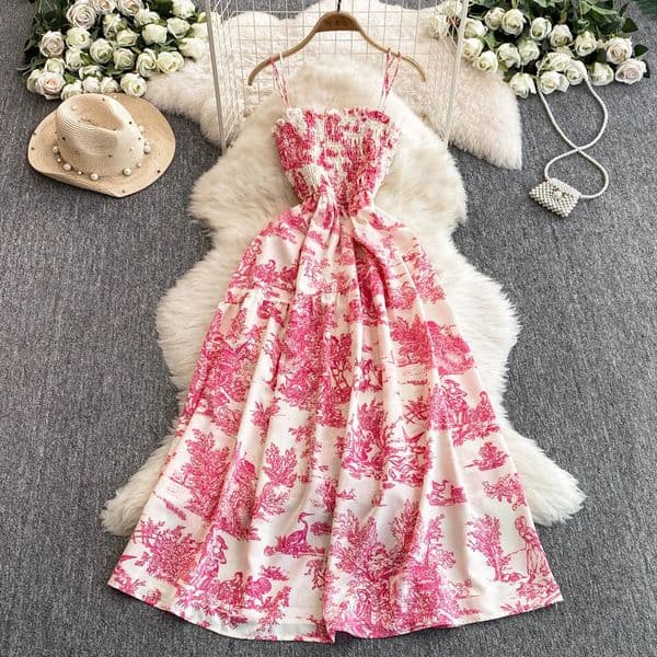 Summer PinkPurple Flower Print Romantic Retro Party Dress Elastic High Waist Vacation Long Beach Vestido 260313