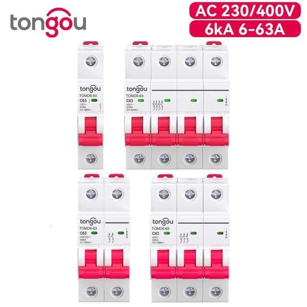 TONGOU MCB 6A-63A 220V 380V Single Phase/Three Phase 6kA 1P 2P 3P 4P Miniature Circuit Breaker X260313