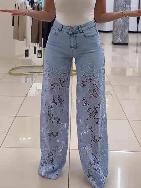 Women's Jeans Careaymade-Lace Spliced Elegant Hollow Out Women Temperament High Waist Straight Loose Denim Trousers Y2k Streetwear