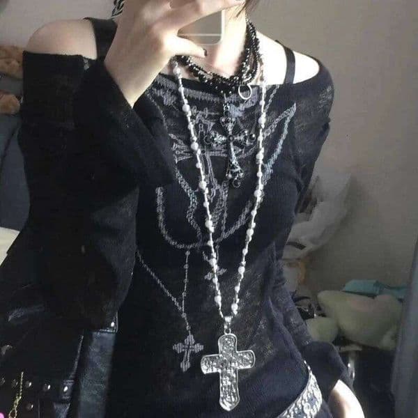 Grunge Jewelry Irregular Pearl Cross Pendant for Female Punk Charm Geometric Korean Fashion Necklace Gothic H260312