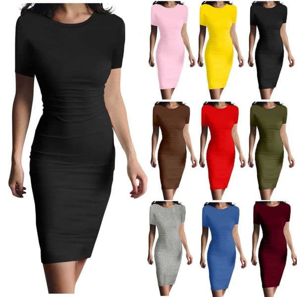 Fashion Women Short Sleeve Slim Fitting Dress Summer Solid Color Round Neck Elegant Dress Tight Robe Street Style Skinny DressT260314