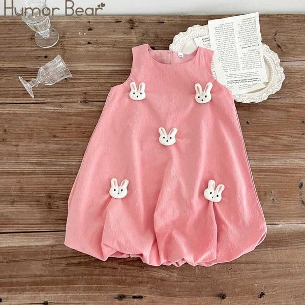 Humor Bear Summer Girls Dress Solid Color Rabbit Embellished Sleeveless Pod Dress Fashion Princess Dress Cute Children ClothingT260313