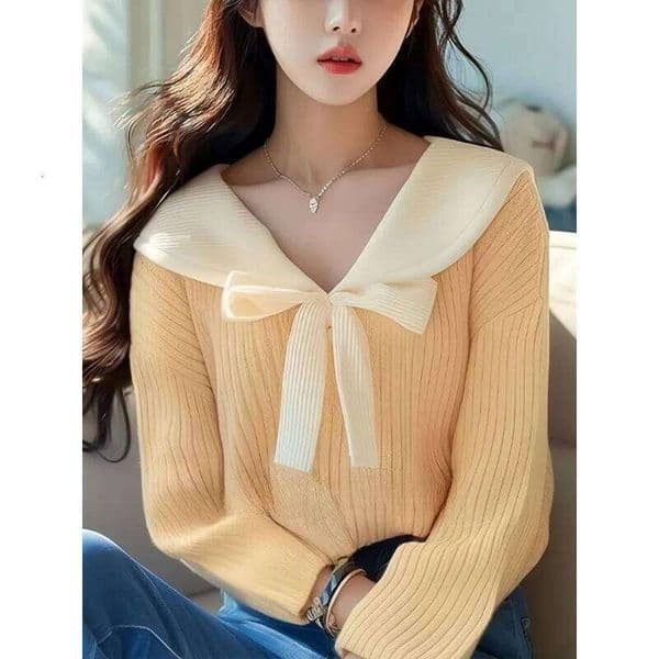 Lapel Bow Soft Sweater Knitted Pullover 2024 Early Autumn New Office Lady Gentle Long-sleeved Versatile Commuter Top Z260313