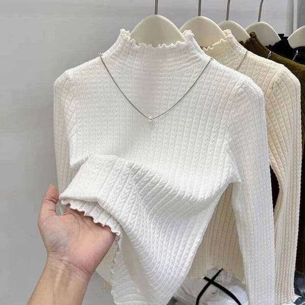 Knitted Pullovers New Long Sleeve Mock Neck White Knit Sweater Pullover Women Tops Sweaters Sueters De Mujer Q983 Z260314
