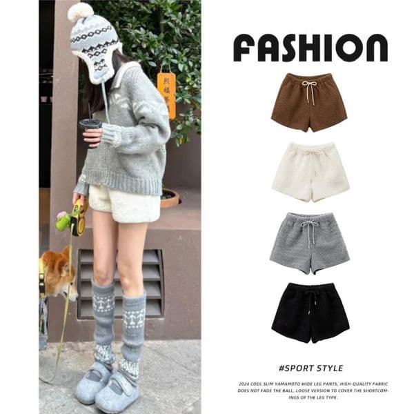 Korean Womens Winter Sheepskin Fleece Short Pants with High Waist A Shape n Slimming and Loose Wide Leg Laid 260310BANJIA