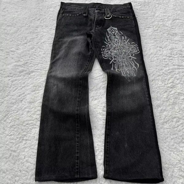 Men's Jeans Deeptown Y2k Gothic Cross Print Black Women Man Flared Washed Vintage Denim Pants Baggy Punk Unisex Streetwear Trousers