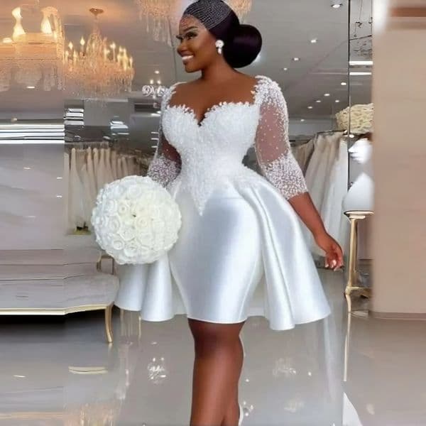 Classic Short Civil Wedding Dresses Beaded White Satin Bridal Gowns Three Quarter Sleeves Black Girls Garden Bride Dress