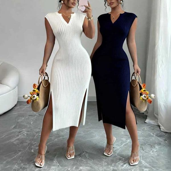 Womens White V-Neck Sleeveless Elastic Sundress Knit Bodycon Maxi Dress Solid Side Slit Casual Summer Daily Party Long DressT260314