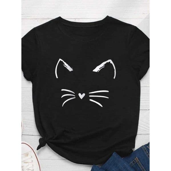 Cat Face Print T Short Sleeve O Neck Loose Women Tshirt Ladies Tee Shirt Tops Clothes Camisetas Mujer T260312