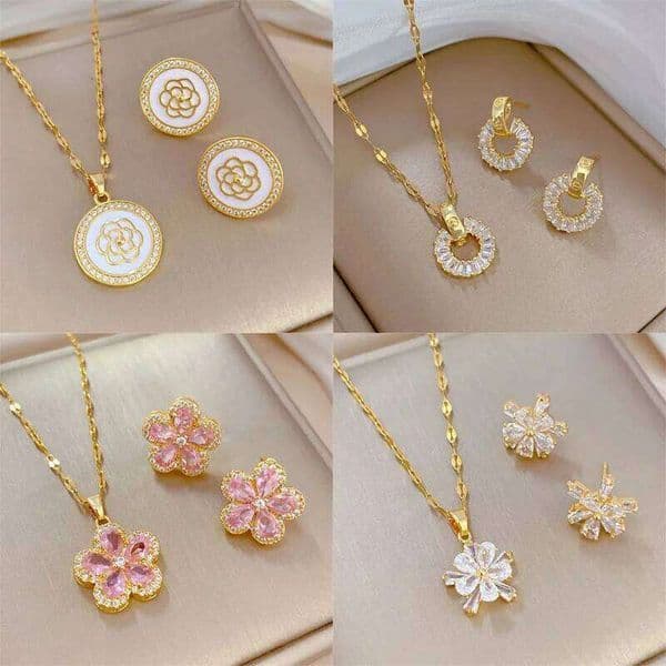 High Grade Camellia Zircon Jewelry Sets Stainless Steel Trendy Flower Pendant Necklace Earrings Party Gifts For Women Girls H260312