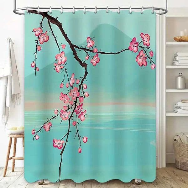 Elegant Cherry Blossom Print Waterproof Shower Curtain for Bathroom Decor with Soft Blue Background Adds Natural Beauty to Space S260312