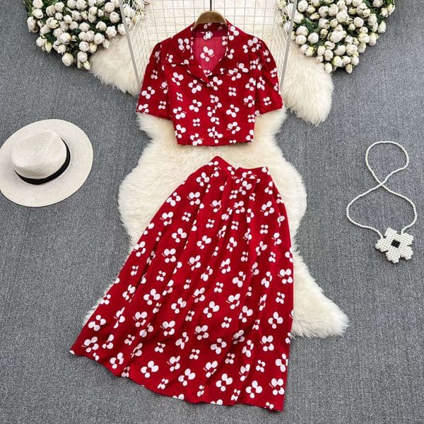 Women's Fashion Set Bubble a16 Sleeve Top Short Sleeve Two Piece Set High Waist Printed A-line Skirt 2026